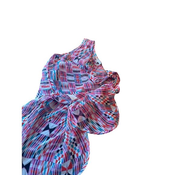 Red Haute 100% Silk Sheer Sleeveless Geometric Print Blouse M Colorful - Picture 4 of 5